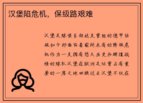汉堡陷危机，保级路艰难