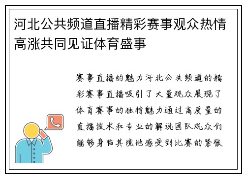 河北公共频道直播精彩赛事观众热情高涨共同见证体育盛事