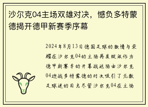 沙尔克04主场双雄对决，憾负多特蒙德揭开德甲新赛季序幕