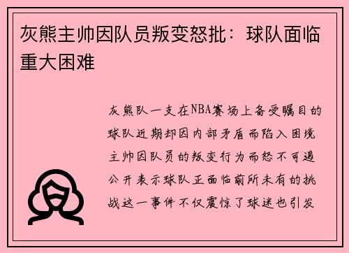 灰熊主帅因队员叛变怒批：球队面临重大困难